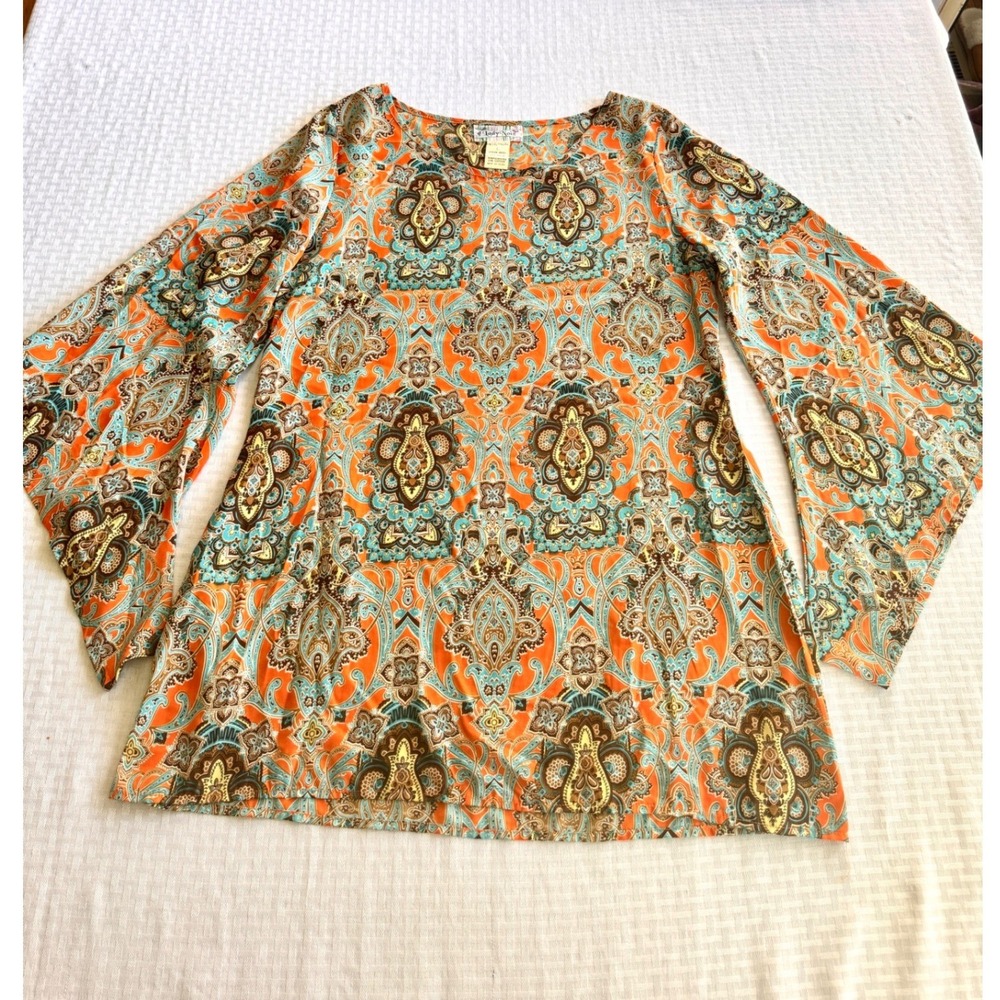 Lady Noiz Orange Teal Paisley Bell Sleeve Boho Tunic Blouse Top L Fairy Hippie